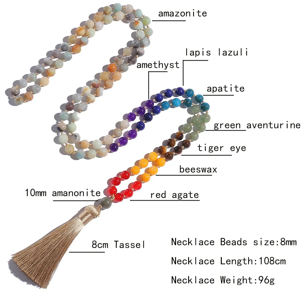108 Mala Beads 8mm Amazonite 7 Chakra Knotted Necklace