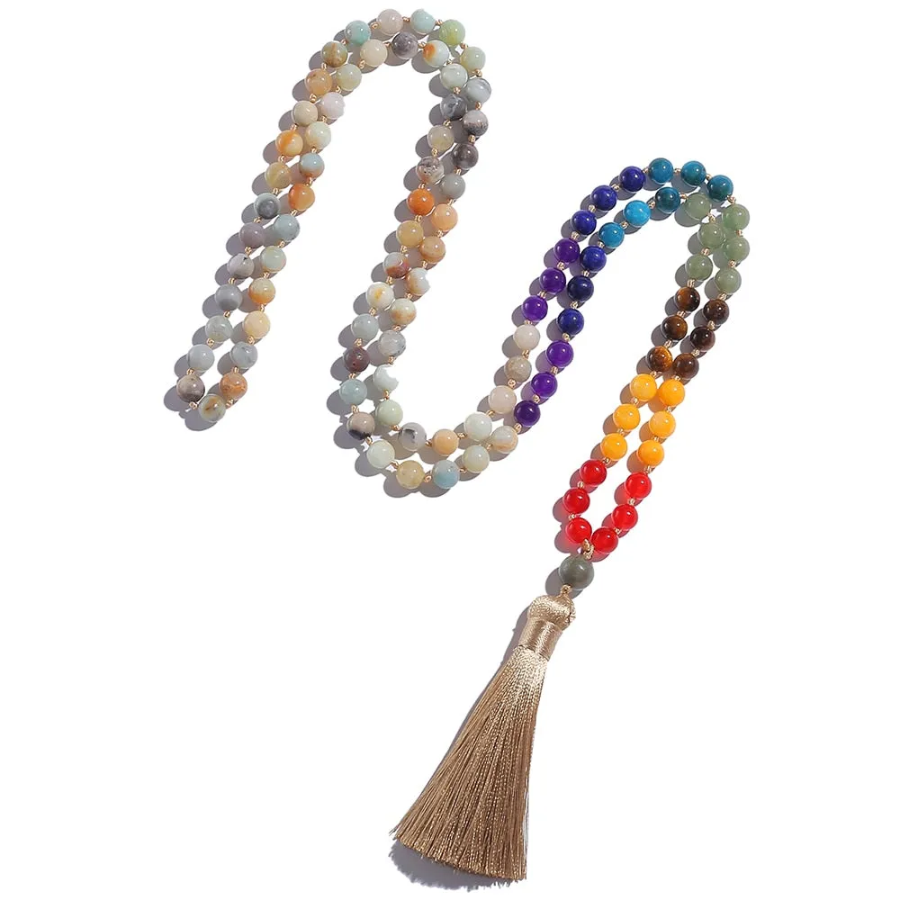 108 Mala Beads 8mm Amazonite 7 Chakra Knotted Necklace