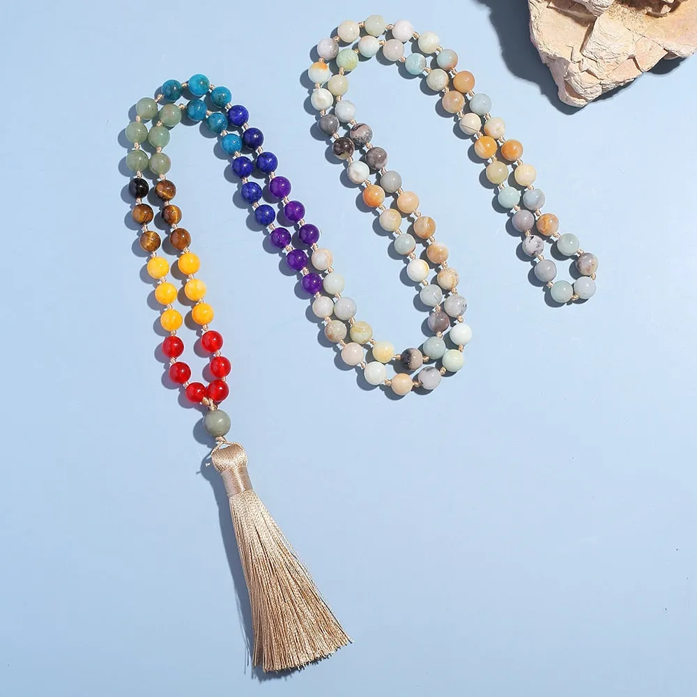108 Mala Beads 8mm Amazonite 7 Chakra Knotted Necklace