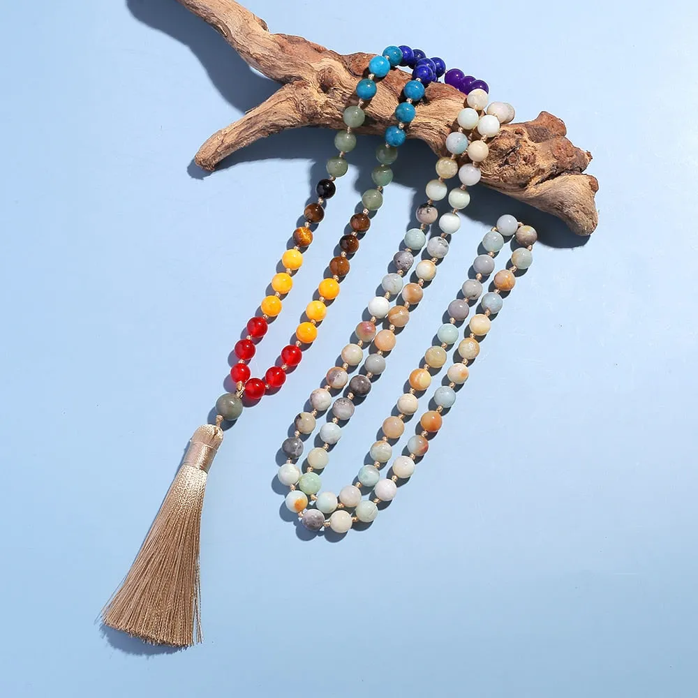 108 Mala Beads 8mm Amazonite 7 Chakra Knotted Necklace