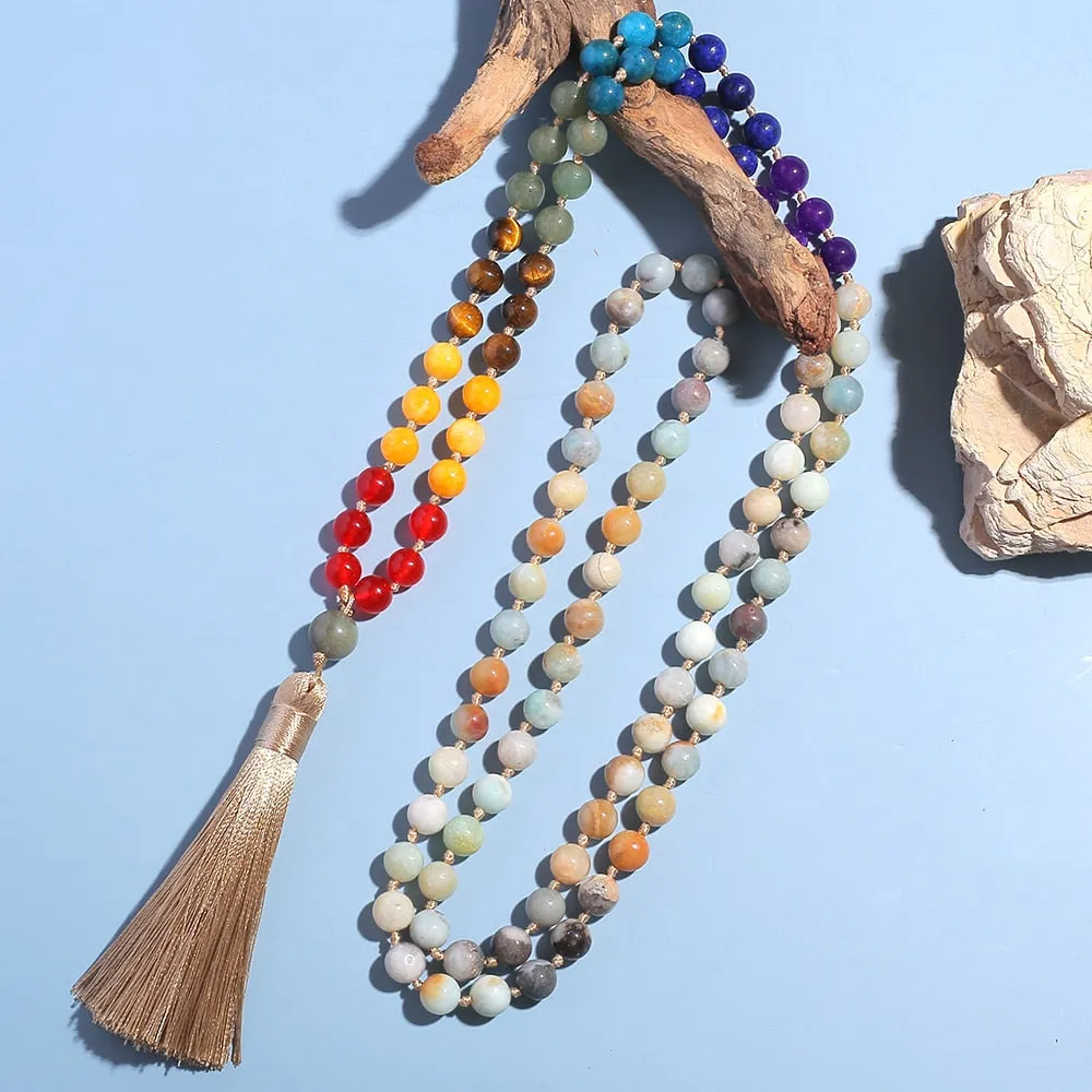 108 Mala Beads 8mm Amazonite 7 Chakra Knotted Necklace