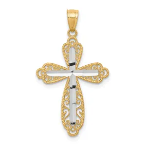 10K Gold Diamond-Cut Cross Pendant with Rhodium Accent Polished Finish