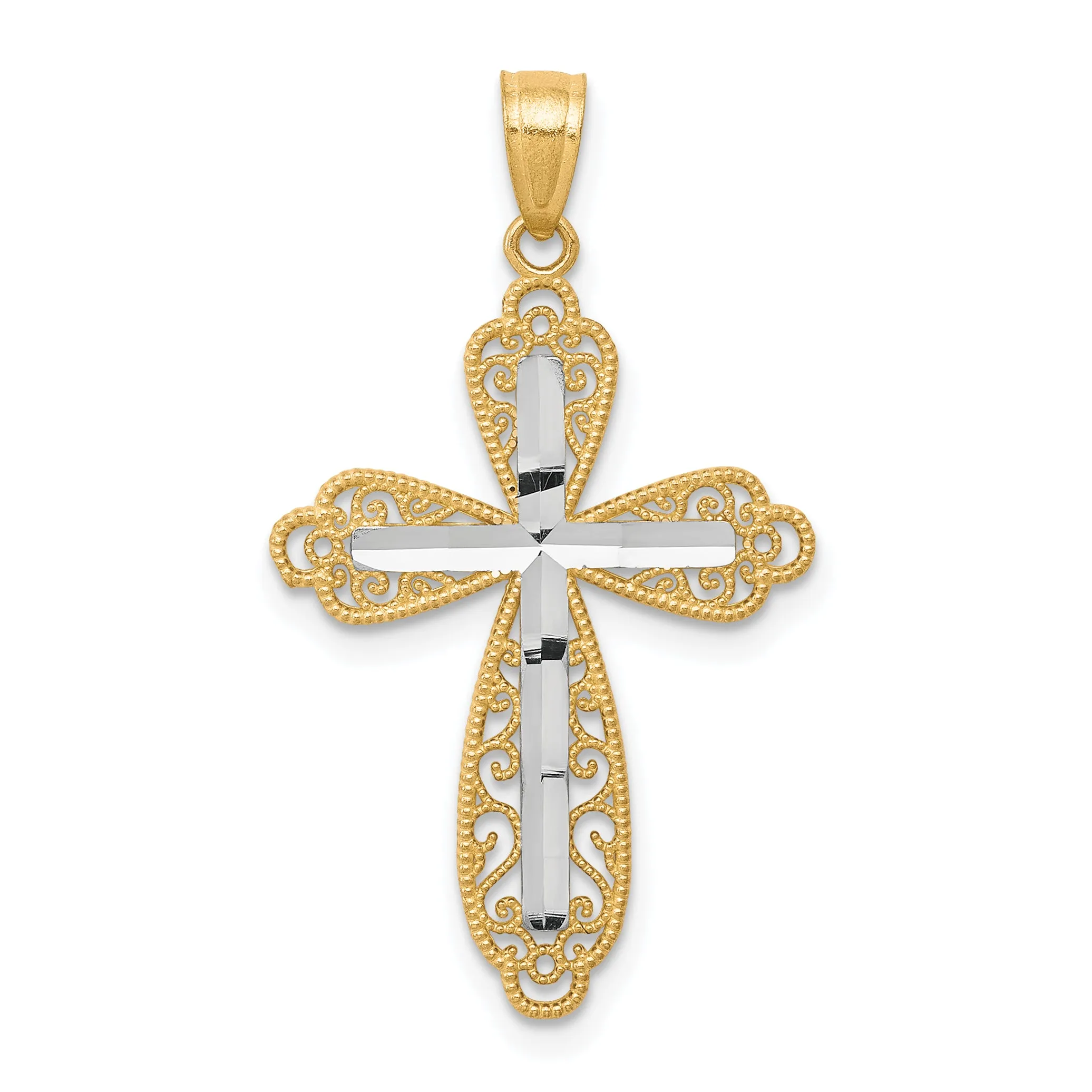 10K Gold Diamond-Cut Cross Pendant with Rhodium Accent Polished Finish