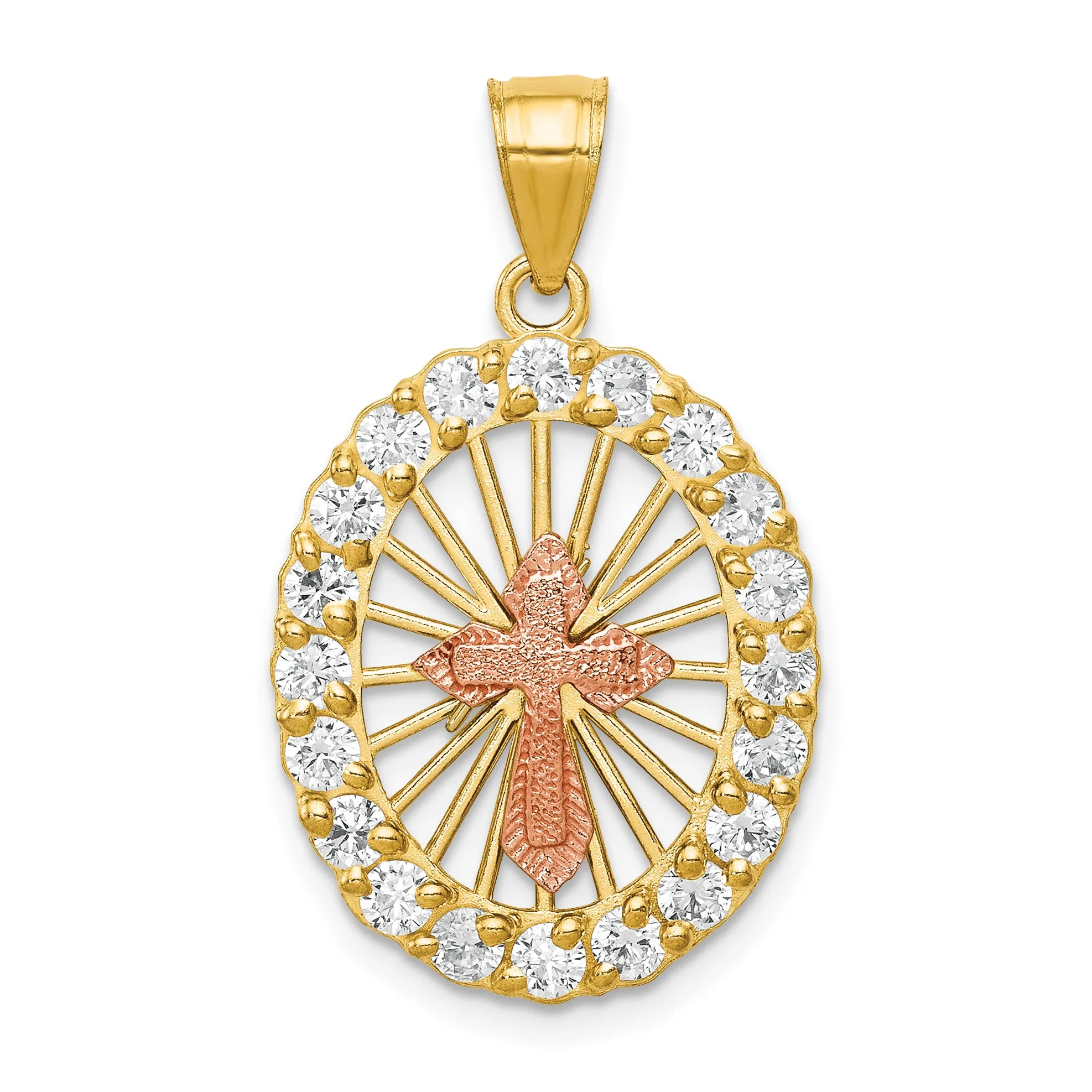 10K Two-Tone Gold Cross Pendant with CZ Stones and Polished Finish