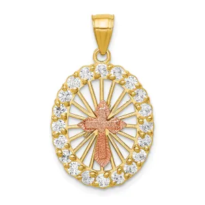 10K Two-Tone Gold Cross Pendant with CZ Stones and Polished Finish