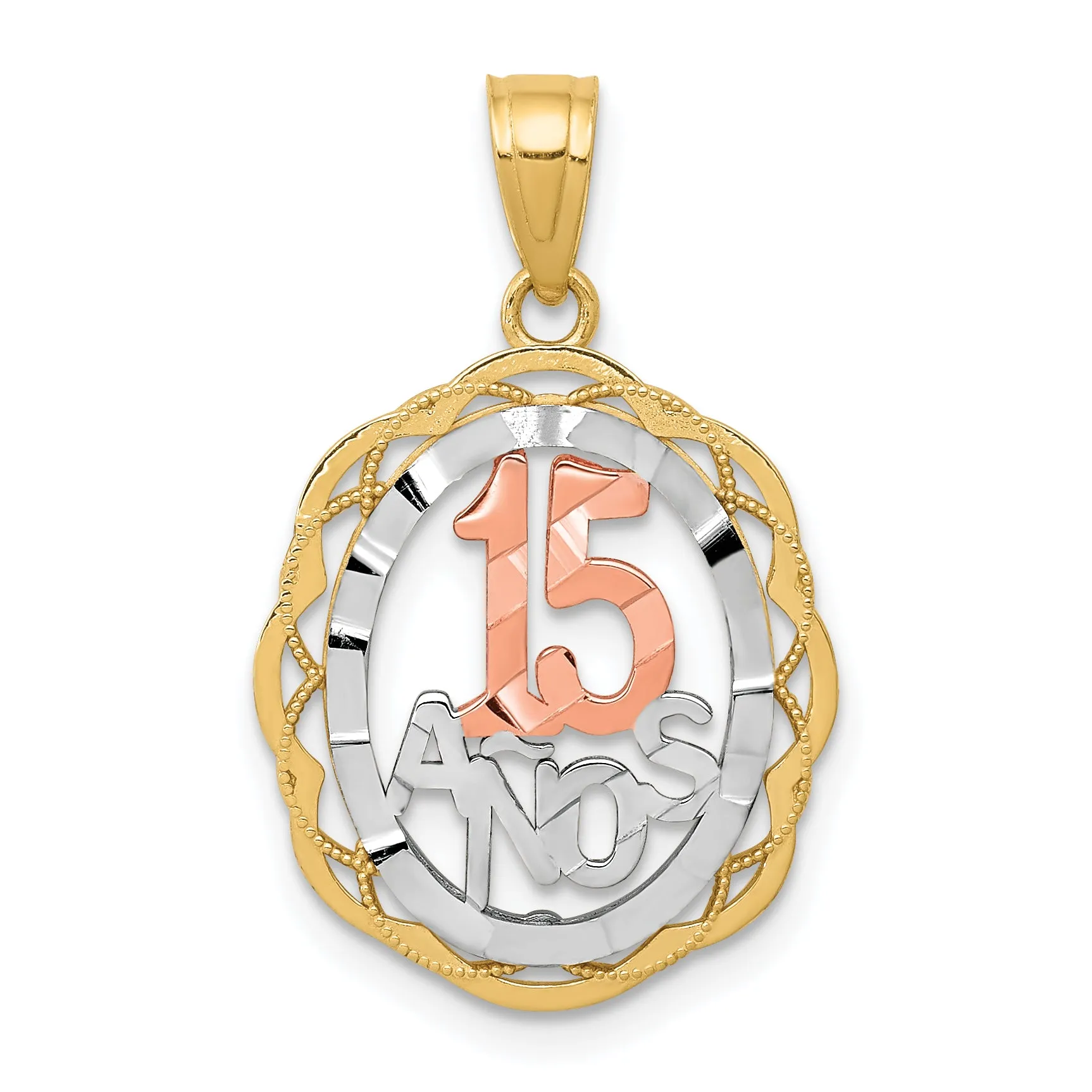 10K Two-Tone Gold Sweet 15 Oval Pendant with Polished Rhodium Finish