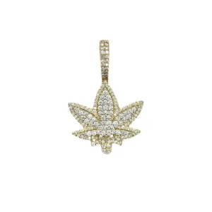10K Yellow Gold Marijuana Leaf Diamond Pendant 1.59 CT 1.5"