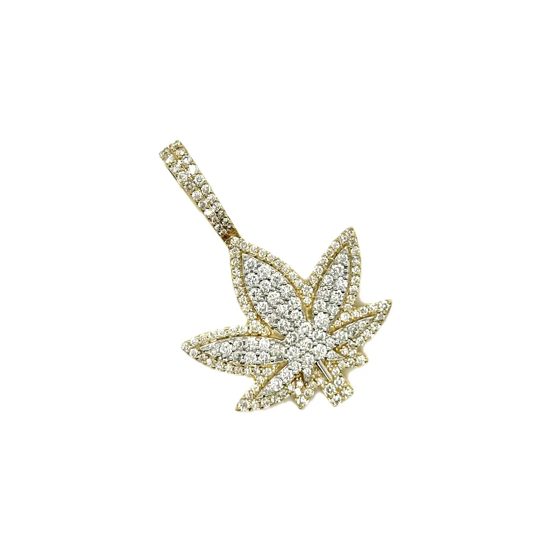 10K Yellow Gold Marijuana Leaf Diamond Pendant 1.59 CT 1.5"