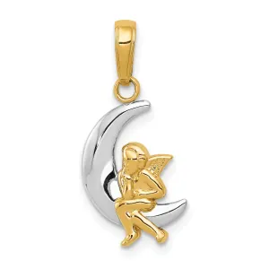14K Gold and Rhodium Angel on Moon Pendant with Polished Finish