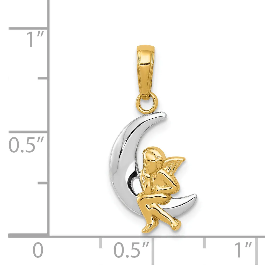 14K Gold and Rhodium Angel on Moon Pendant with Polished Finish