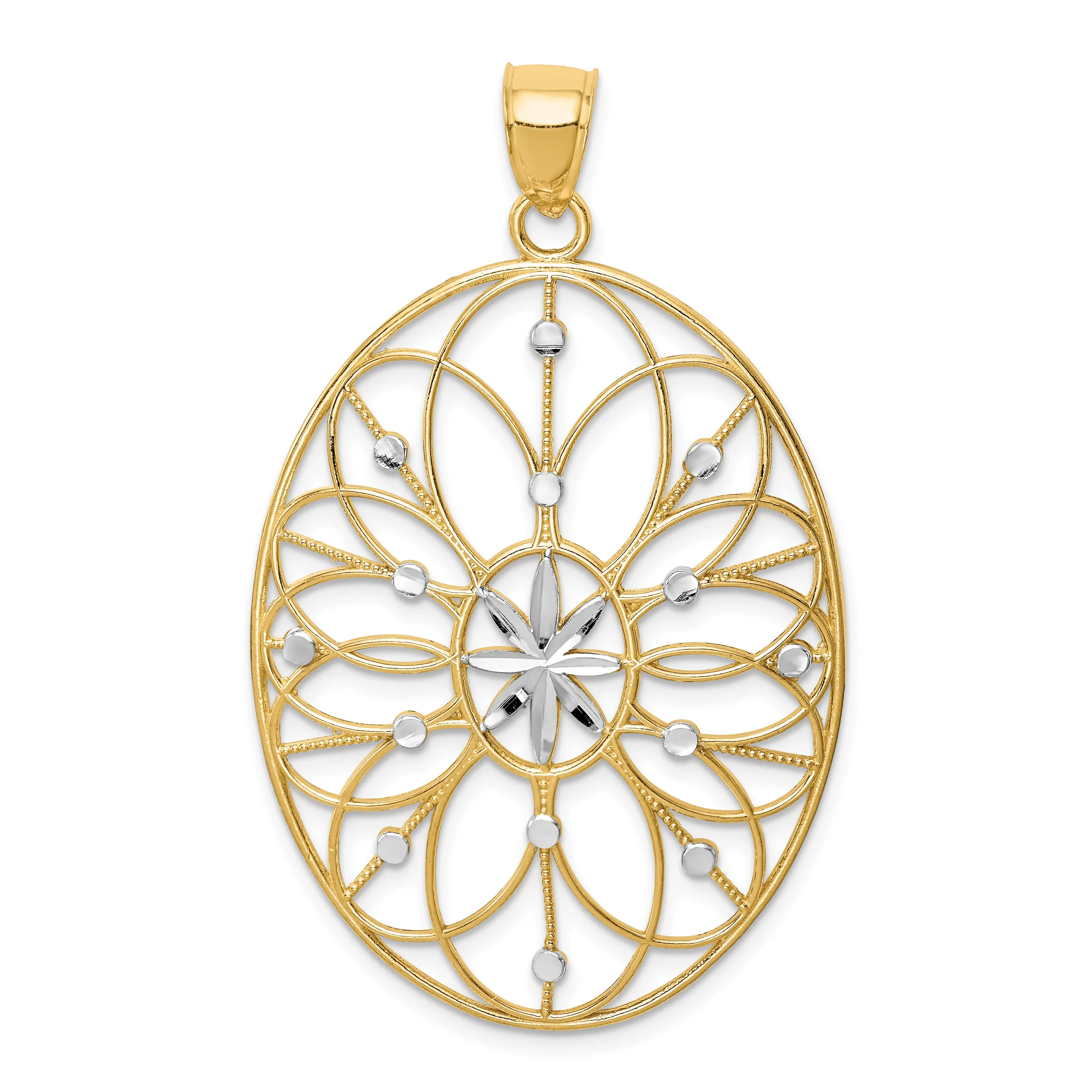 14K Gold Floral Medallion Pendant with Rhodium Accents, Polished Finish