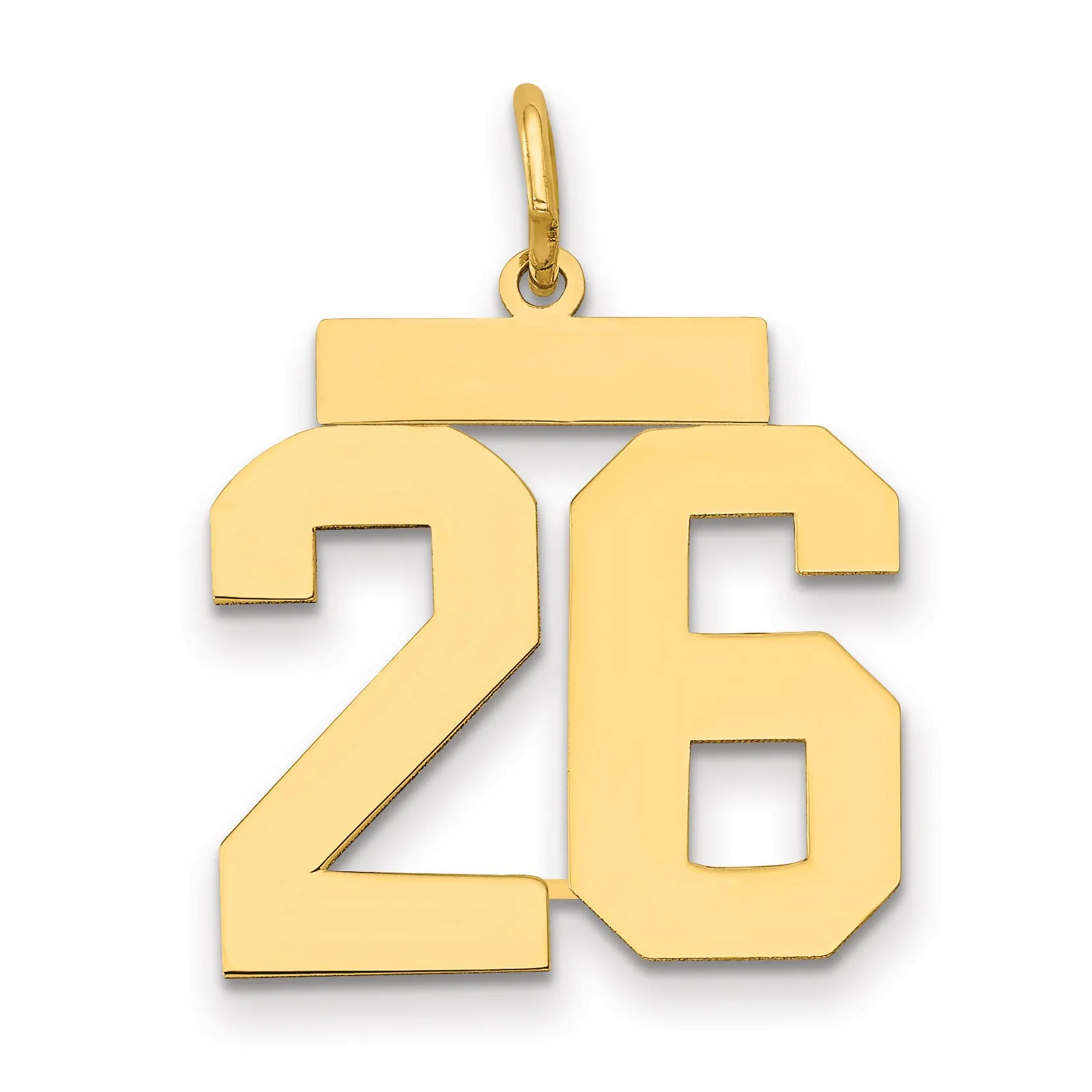14K Gold Number 26 Charm with Polished Finish Medium Size, Laser Cut