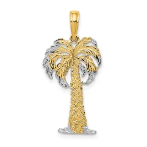 14K Gold Palm Tree Pendant with Rhodium Accents, Polished & Textured Finish