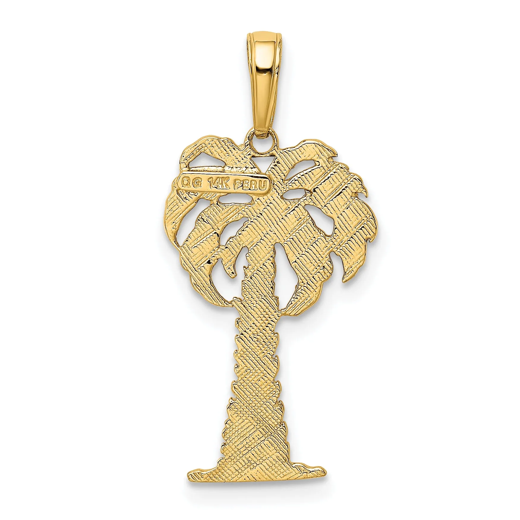 14K Gold Palm Tree Pendant with Rhodium Accents, Polished & Textured Finish