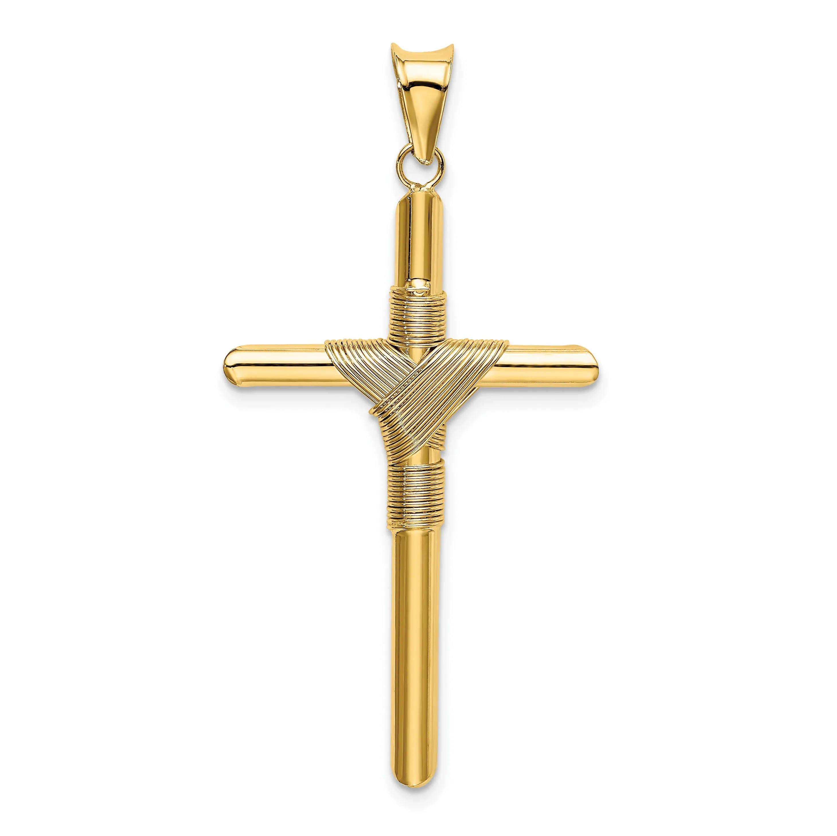 14K Gold Polished Cross Pendant with Center Wrap  Elegant 3D Design