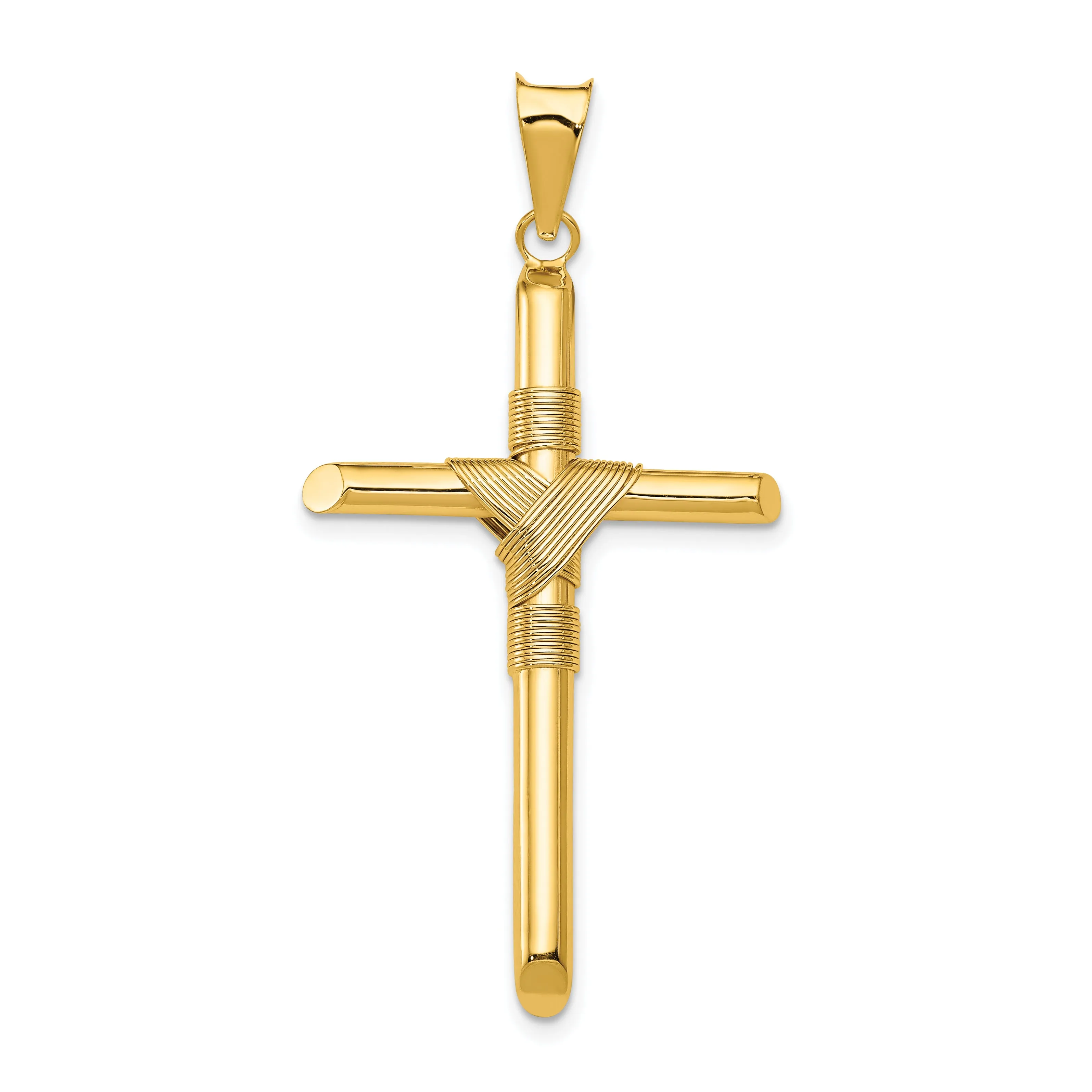 14K Gold Polished Cross Pendant with Center Wrap  Elegant 3D Design