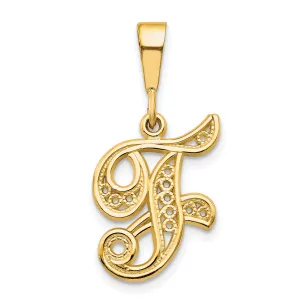 14K Gold Polished Filigree Initial F Pendant  Elegant Large Script Design