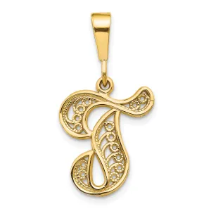 14K Gold Polished Filigree Script T Initial Pendant Large Elegant Design