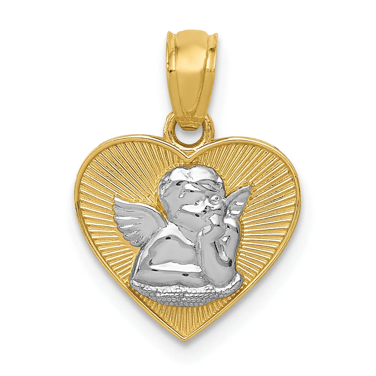 14K Gold Polished Guardian Angel Heart Pendant with Rhodium Accents