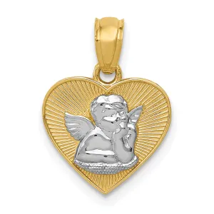 14K Gold Polished Guardian Angel Heart Pendant with Rhodium Accents