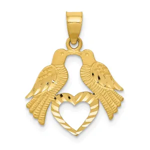 14K Gold Polished Love Birds with Heart Pendant, Diamond-Cut, Reversible