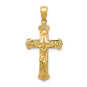 14K Gold Polished Textured Crucifix Pendant Elegant Solid Design