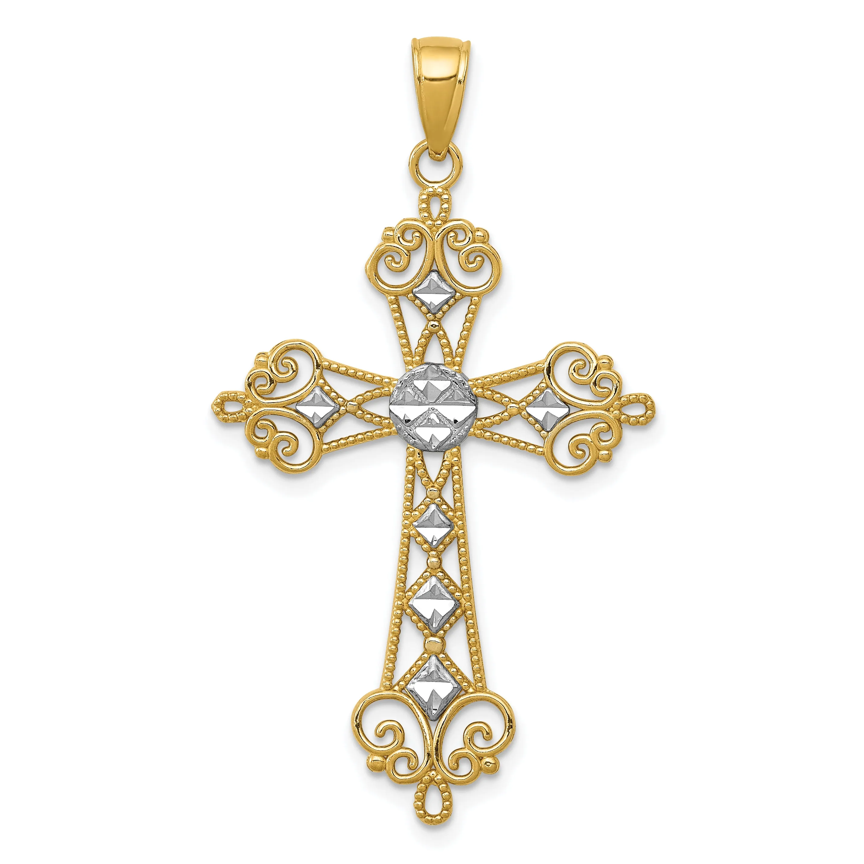 14K Gold Rhodium-Plated Diamond-Cut Cross Pendant Polished & Elegant Design