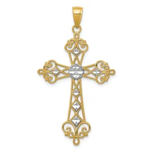 14K Gold Rhodium-Plated Diamond-Cut Cross Pendant Polished & Elegant Design