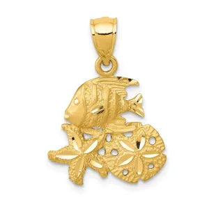 14K Gold Satin Diamond-Cut Fish, Starfish, and Sand Dollar Pendant