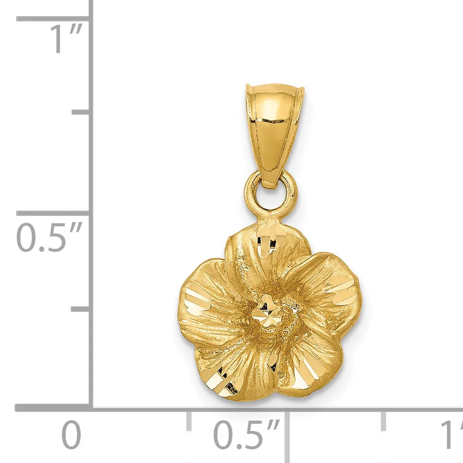 14K Gold Satin Diamond-Cut Hibiscus Pendant with Brushed Finish