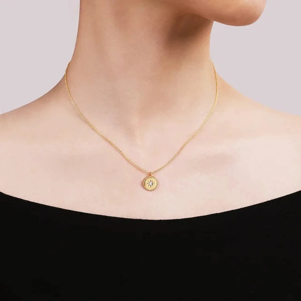 14K Y Gold Medallion Necklace with Starburst 0.02ctw Diamond Center