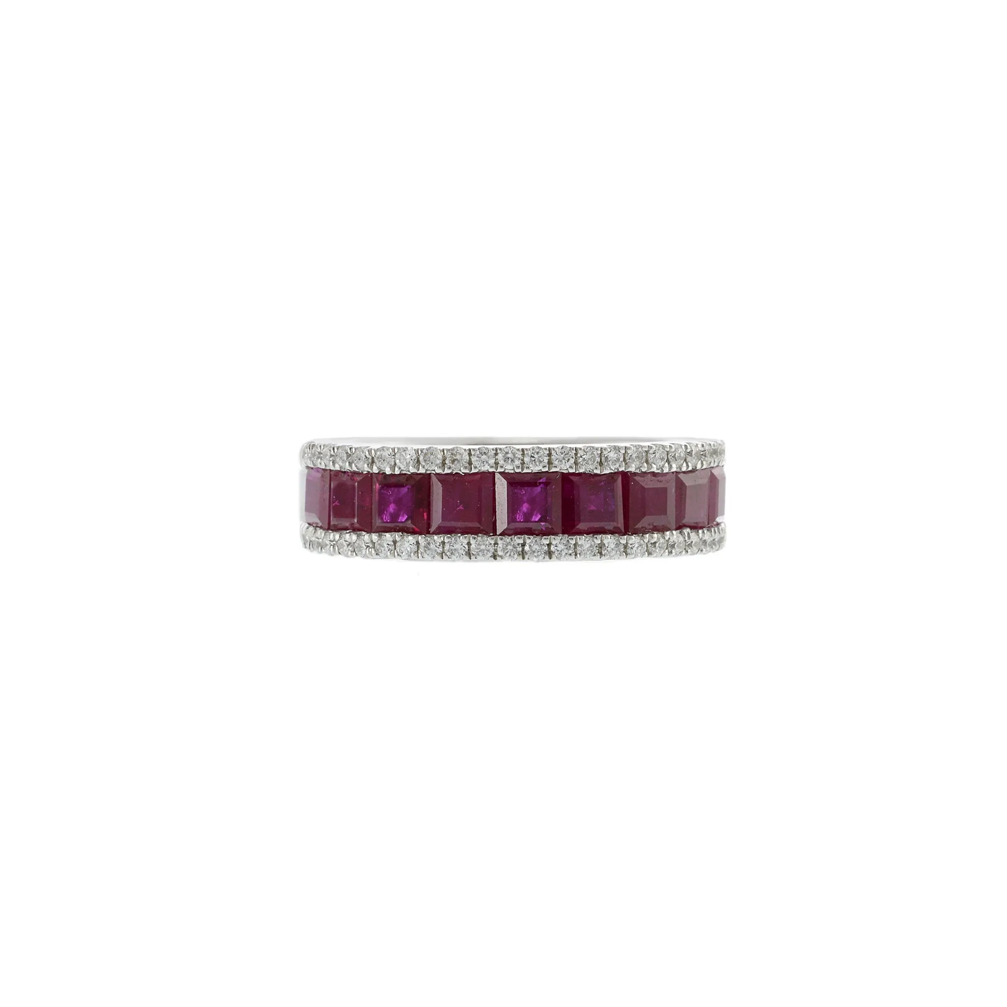 14KT White Gold Band with Square Cut Rubies and Round Cut Diamond Sides