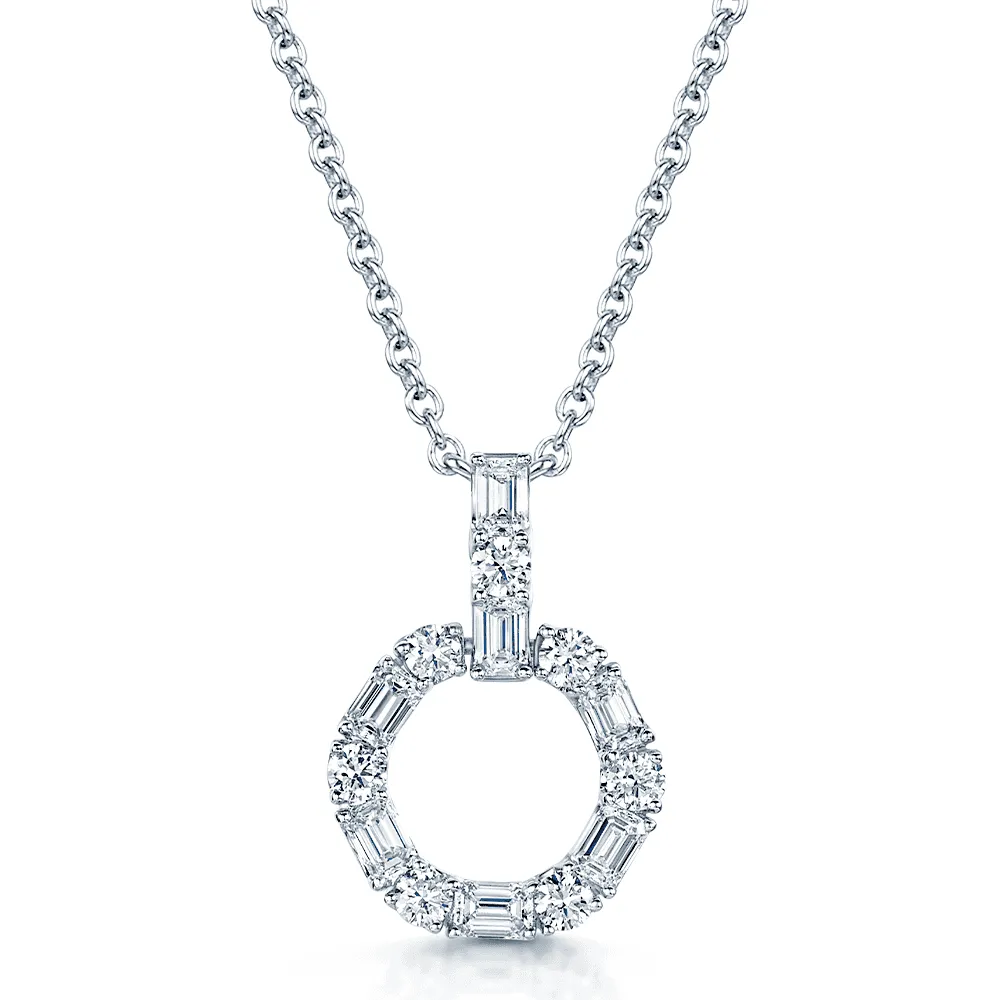 18ct White Gold Baguette and Round Brilliant Cut Small Circle Pendant