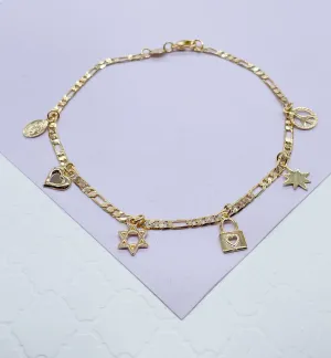 18k Gold Filled Figaro Anklet With Multiple Positive and Love Charms
