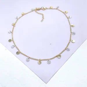 18k Gold Filled Figaro Chain Anklet With Plain Discs And CZ Stones
