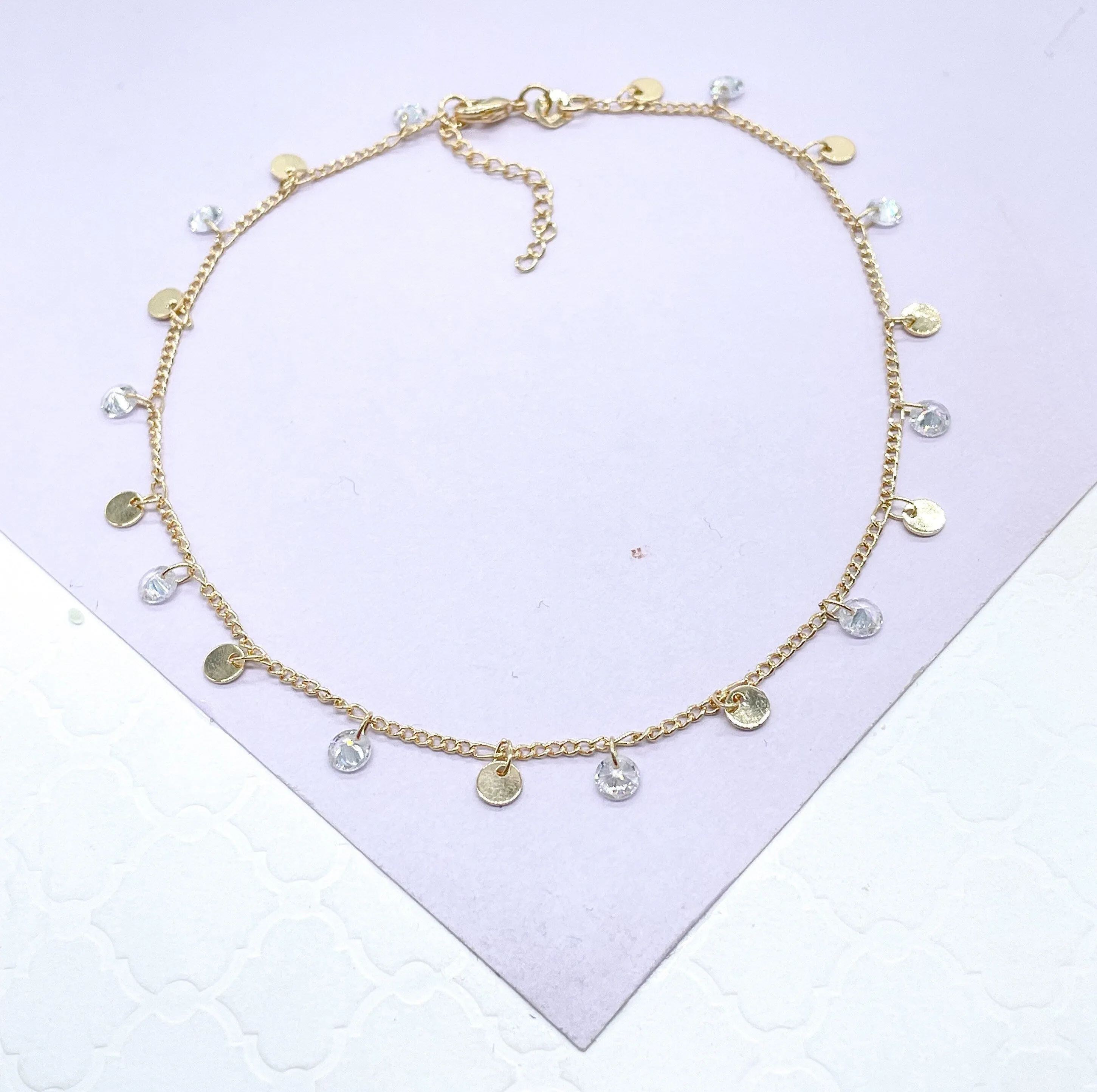 18k Gold Filled Figaro Chain Anklet With Plain Discs And CZ Stones