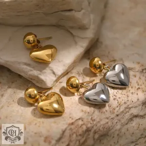 18K gold stylish simple hemisphere with heart design earrings
