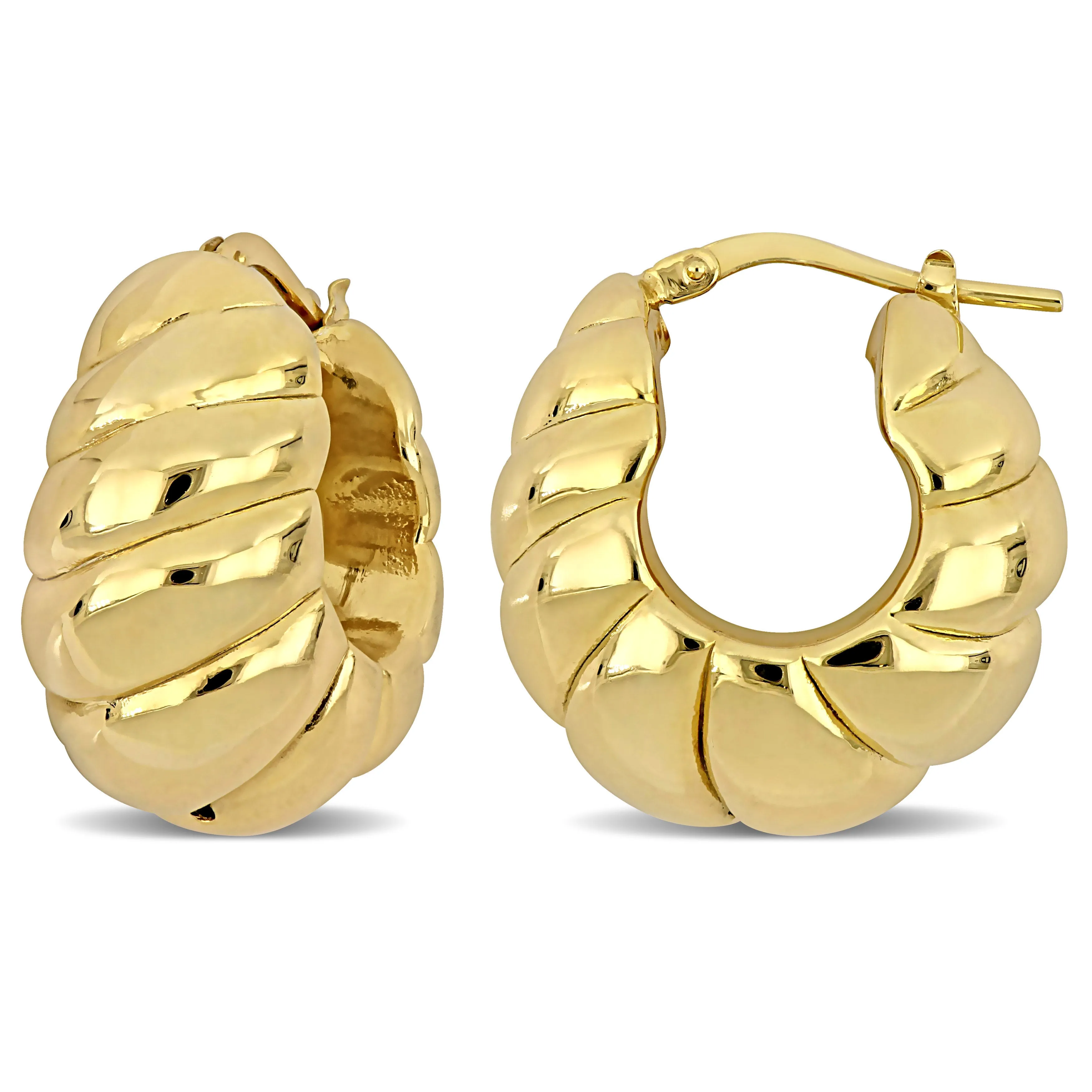 22 MM  Ribbed Hoop Earrings in Yellow Plated Sterling Silver