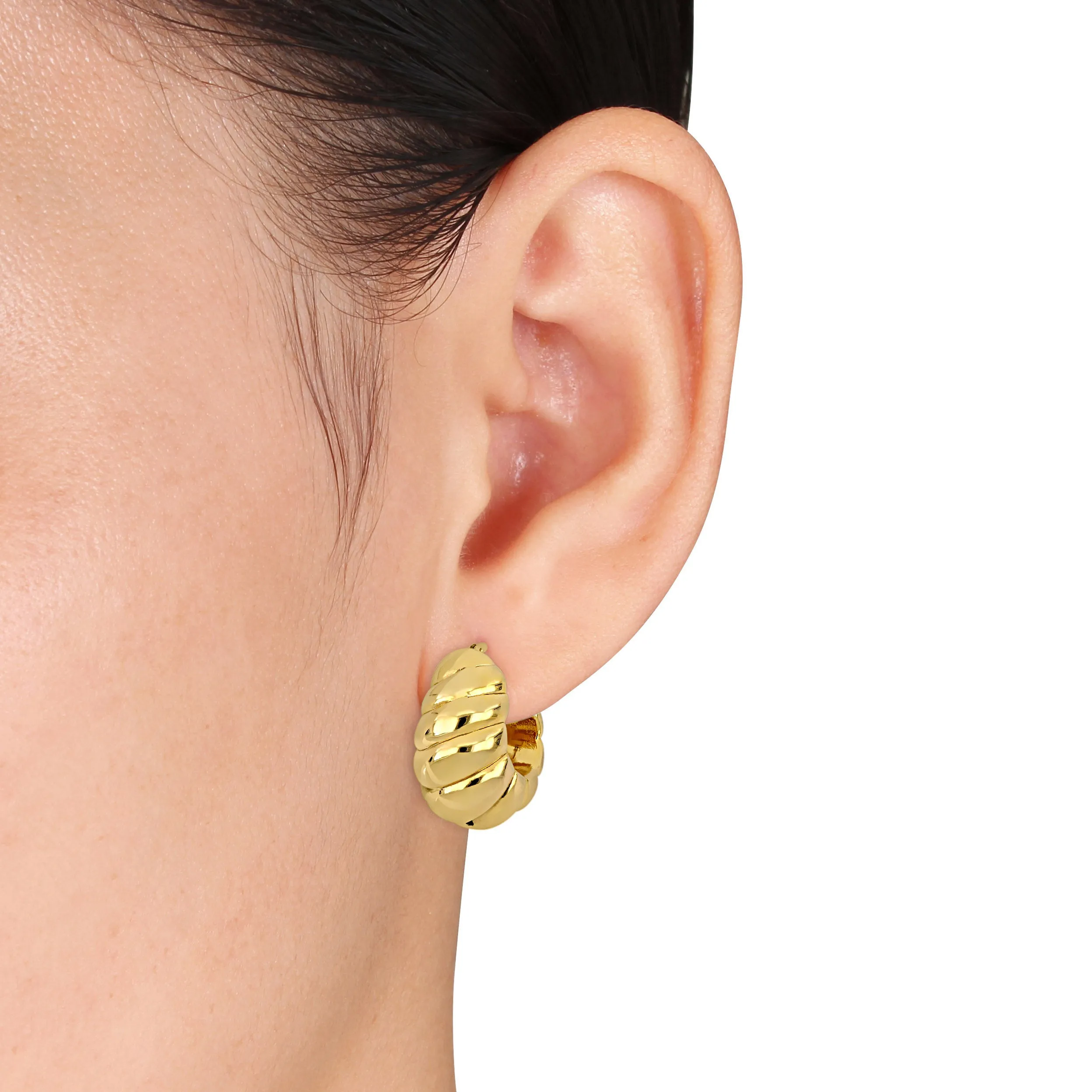 22 MM  Ribbed Hoop Earrings in Yellow Plated Sterling Silver