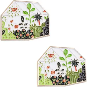 2Pcs Fashion Alloy Garden Brooch Pin Creative House Lapel Pin Enamel Plant Gold Womens Brooch Pin for Clothing Backpacks Plant Lovers