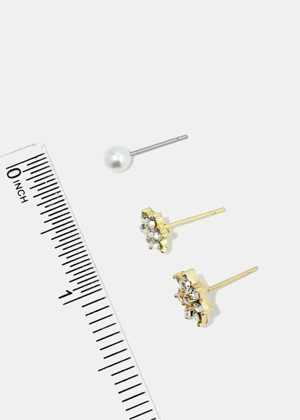 3-Pair Pearl & Rhinestone Flower Earrings