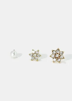 3-Pair Pearl & Rhinestone Flower Earrings