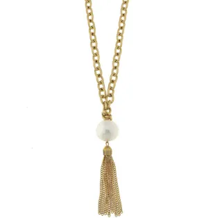 32" of Gold Chain with White Cotton Pearl and Tassel