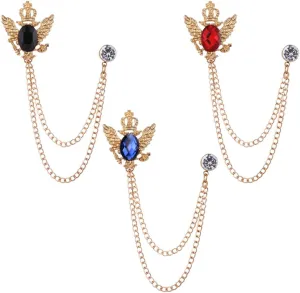 3PCS Men's Brooch Hanging Chain Brooch Black Blue Red Stone Animal Double Headed Eagle Tassel Suit Pin Metal Crystal Brooch Suit Stud Lapel Pin Vintage Rhinestone Breastpin Wedding Brooch Pin, Gold
