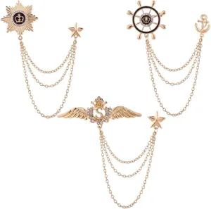 3PCS Men's Brooch Rudder Badge With Star Angel Wings Tassel Chain Brooches Hanging Detailing with Engraving Metal Crystal Brooch Suit Stud Lapel Pin Vintage Rhinestone Breastpin Wedding Brooch Pin