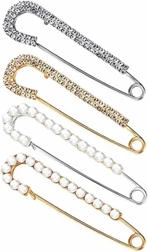 4 Pcs Women Brooch Pins Gold Brooches for Women Sweater Shawl Clips Vintage Crystal Retro Pearl Brooches Safety Pins Dress Shirt Clips for Women Dainty Brooch Gold Silver Accessory Gift