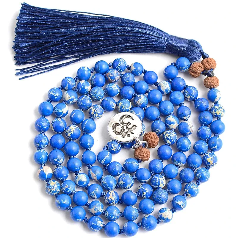 6mm Natural Emperor Turquoise Beaded Knotted 108 Mala Necklace Meditation