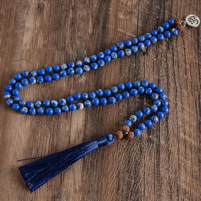 6mm Natural Emperor Turquoise Beaded Knotted 108 Mala Necklace Meditation
