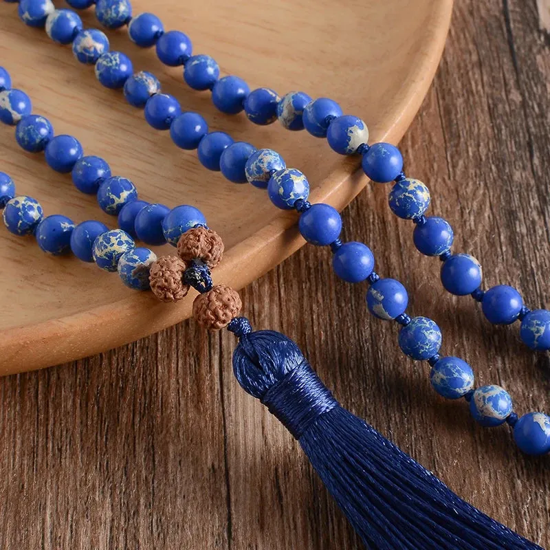 6mm Natural Emperor Turquoise Beaded Knotted 108 Mala Necklace Meditation