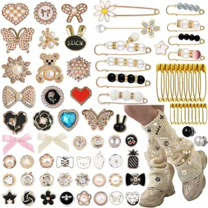 80 Pcs Charms For Socks, Junk Sock Charms Pins, Sneaker Charms Sock Jewelry Charms Pins Kit, Pearl Rhinestone Brooches And Pins For Women, Gold Bling Safety Pins Button For Shoe Sock Hat Clothes Decor